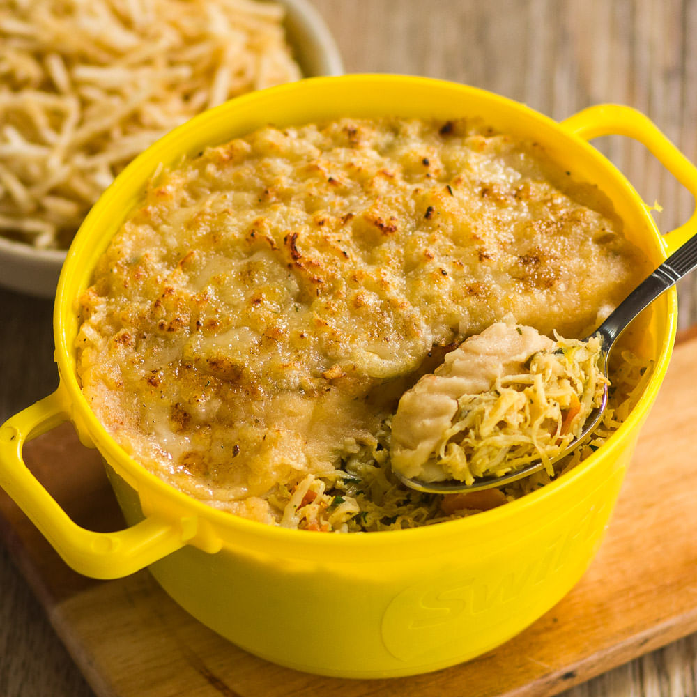 Receita de Escondidinho de batata doce, frango e batata palha