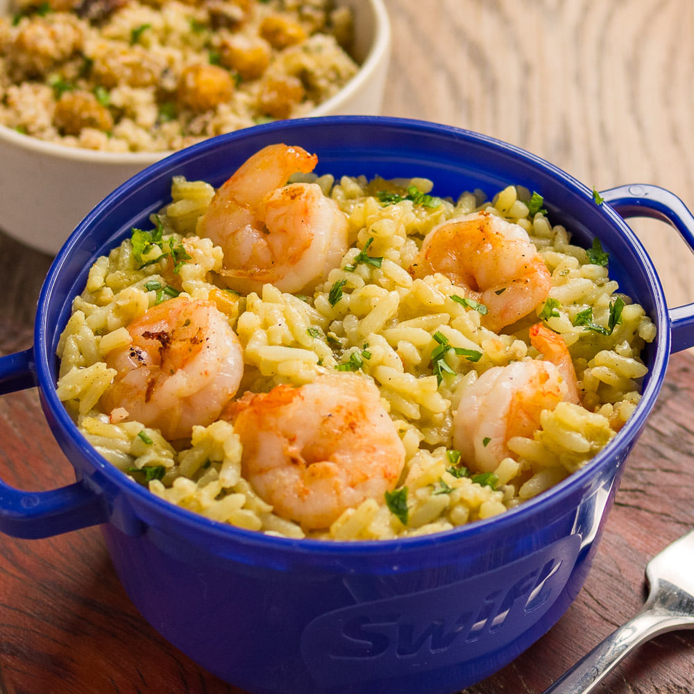 Receita de Arroz Cremoso de Camarão com Legumes Salteados