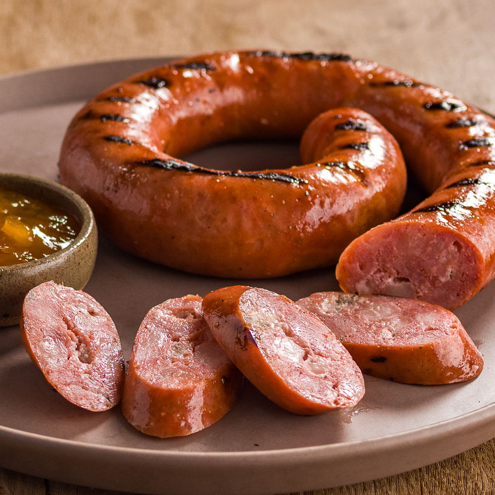 Receita De Linguiça de Pernil com Queijo Gorgonzola acompanhada de Geleia de Damasco