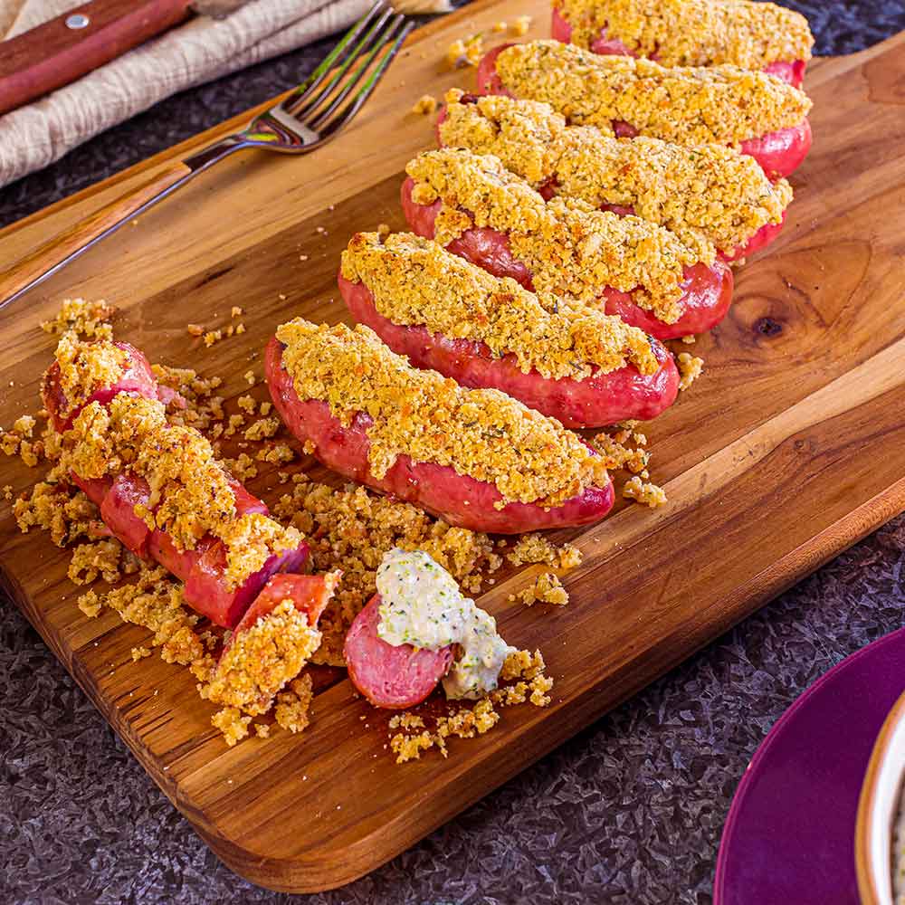 Linguiça de Pernil com Crosta de Alho e Creme de Brócolis Defumado