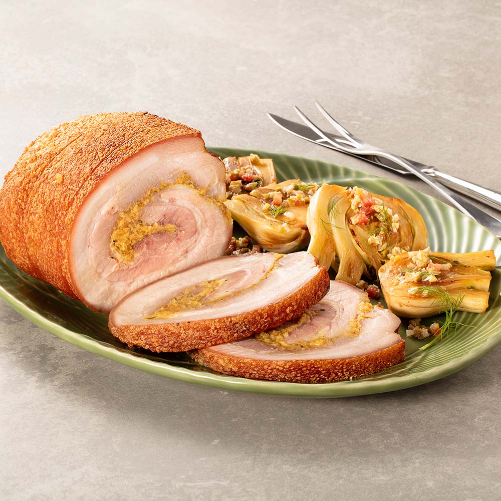 Porchetta Recheada Swift com bulbo de erva doce grelhado e vinagrete de azeitonas