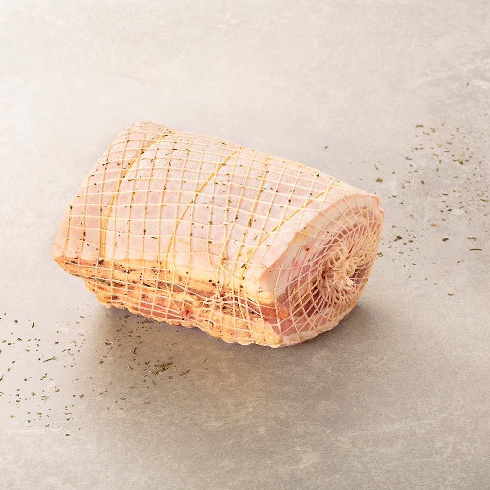 Porchetta Recheada Swift com bulbo de erva doce grelhado e vinagrete de azeitonas