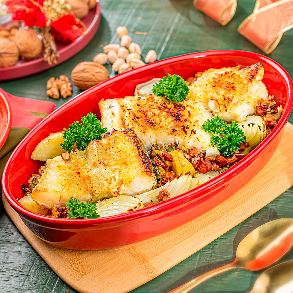 Postas de Bacalhau Natalino com Mix de Castanhas
