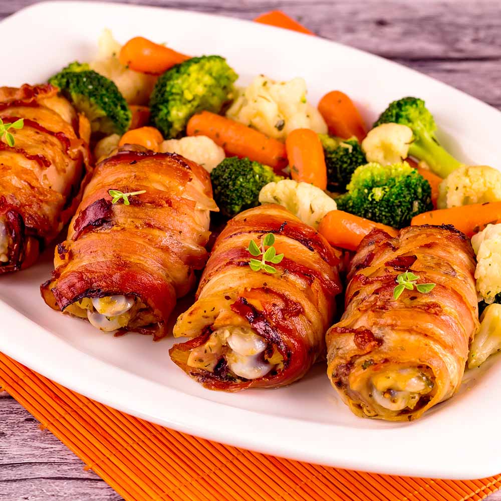 Sobrecoxa de Fango com Bacon e Legumes
